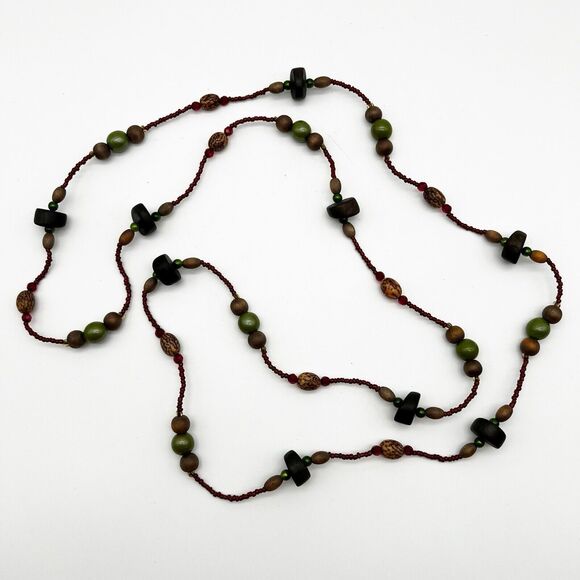 Multi Colored Wood Round Seed Bead Natural Nut Ethnic Long Necklace 58” - Picture 3 of 8